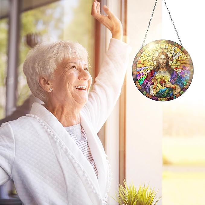 FLAGWIX Christian Gifts for Women Faith - Sacred Heart Stained Glass Window Hanging 8 in - Birthday Catholic Religious Gifts, Suncatchers Windows Hanging, Spiritual Suncatcher Home Garden Decor