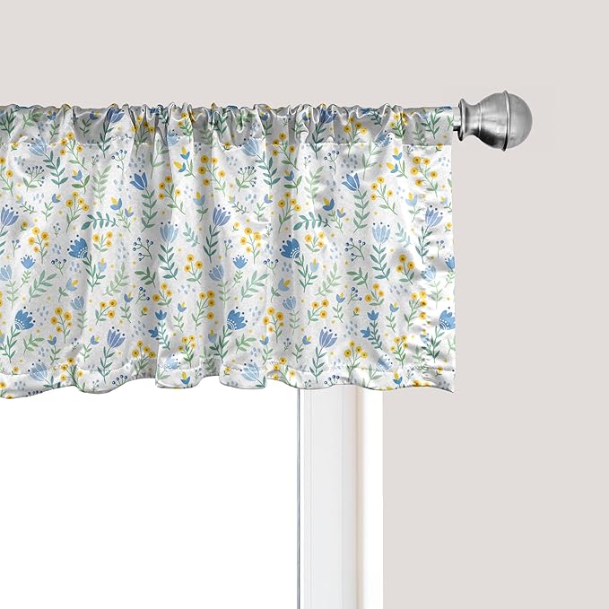Ambesonne Tulip Window Valance, Fresh Spring Meadow Pattern with Wildflowers and Tulips Rural Nature, Curtain Valance for Kitchen Bedroom Decor with Rod Pocket, 54" X 12", Pale Green Pale Blue