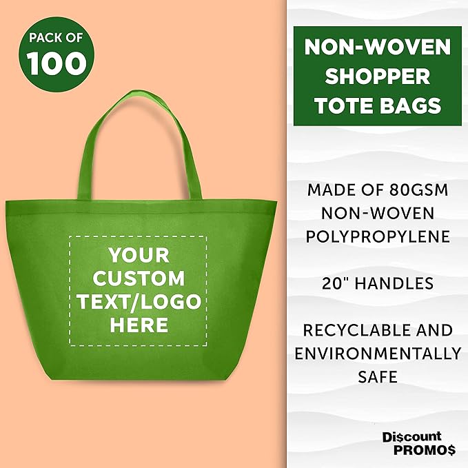 DISCOUNT PROMOS Custom Southern Style Grocery Tote Bags Set of 100 - Personalized Bulk Pack, Reusable Grocery & Shopping Bags - For Travel, Business Promotions - Lime Green - 20"X13"X8"