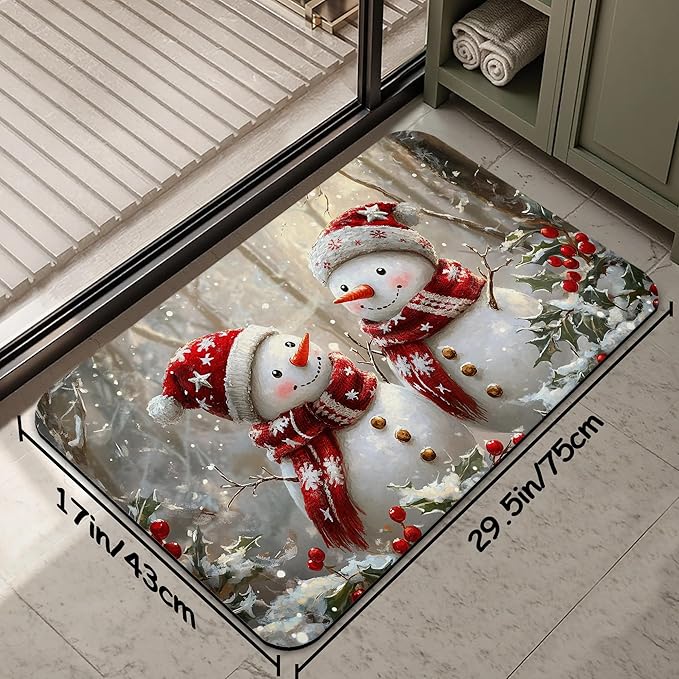 Christmas Snowman Bath Mat 29.5"x17",Slim Low-Profile Fast Drying Super Absorbent Bathroom Rug with Non-Slip Backing, Easy-Clean Modern Floor Mat for Tub, Shower, or Entryway