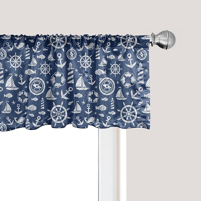 Ambesonne Sailboat Window Valance, Diagonal Hatched Nautical Elements Ship's Wheel Anchor and Marine Animals, Curtain Valance for Kitchen Bedroom Decor with Rod Pocket, 42" x 18", Blue White