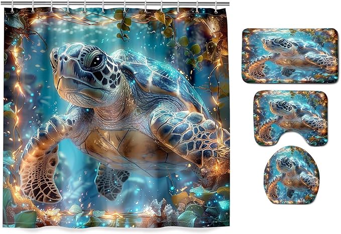 4 Pcs Turtle Shower Curtain - Under The Sea Shower Curtain Set Ocean Bathroom Sets with Shower Curtain and Rugs with 12 Hooks