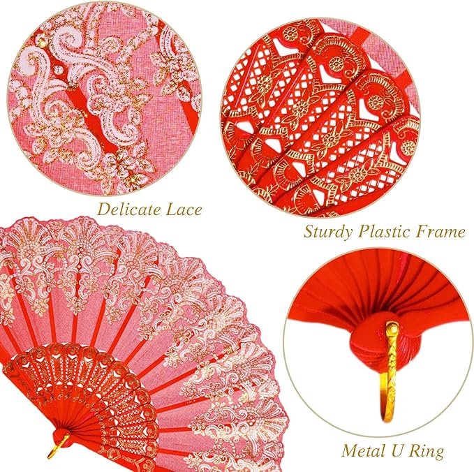 QIRMIZI 30 Pack Folding Handheld Fans, Silk Spanish Fan, Perfect for Weddings, Parties, and Dancing,Red
