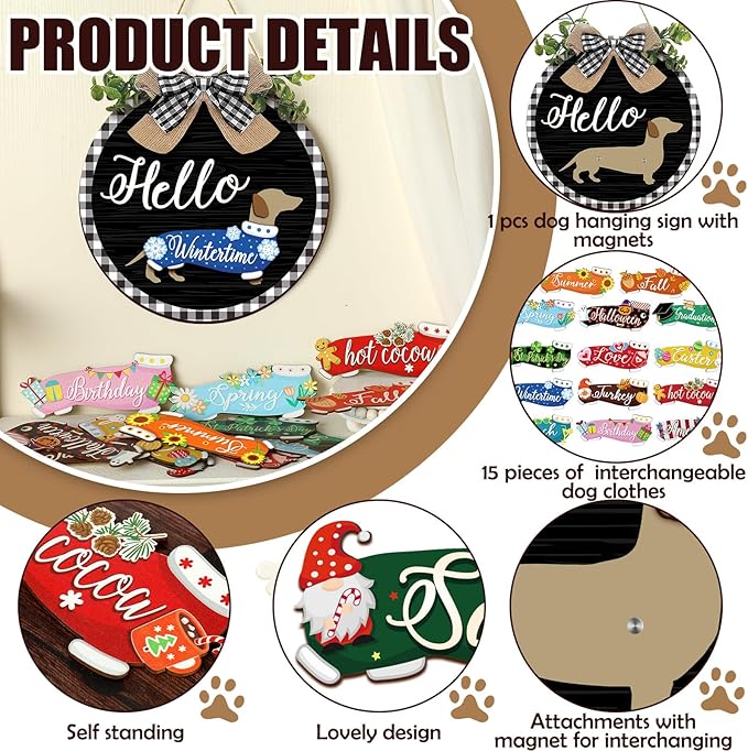Glenmal 16 Pcs Seasonal Dachshund Door Decor for All Season and Holiday Hanging Cute Christmas Dachshund Welcome Sign Rustic Wooden Farmhouse Front Door Signs Outdoor(Black with Plaid Frame)