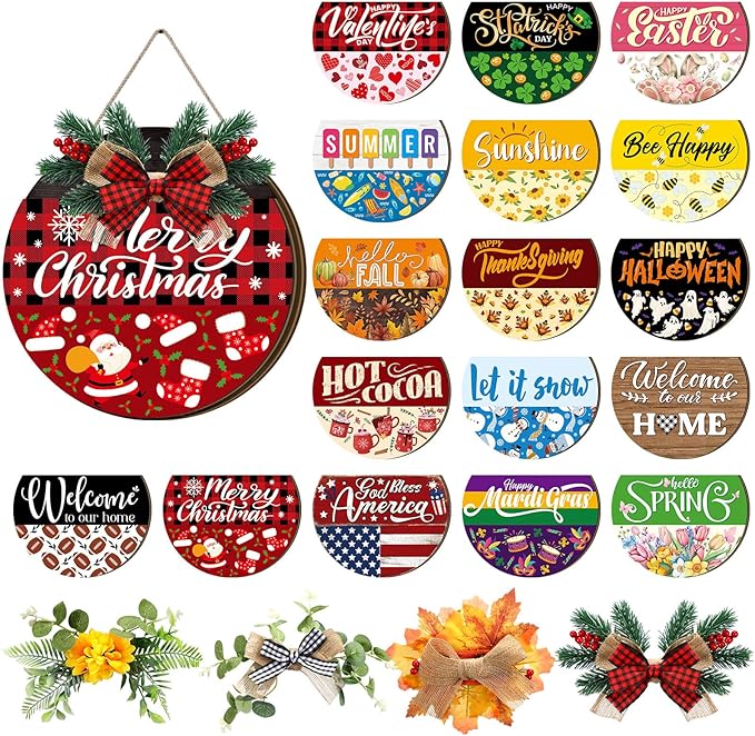 Vicenpal Interchangeable Welcome Sign for Front Door with 17 Magnetic Icons, Wooden Seasonal Front Porch Door Decor with 4 Seasonal Wreaths and 17 Changeable Icons for Holiday Party(Black)