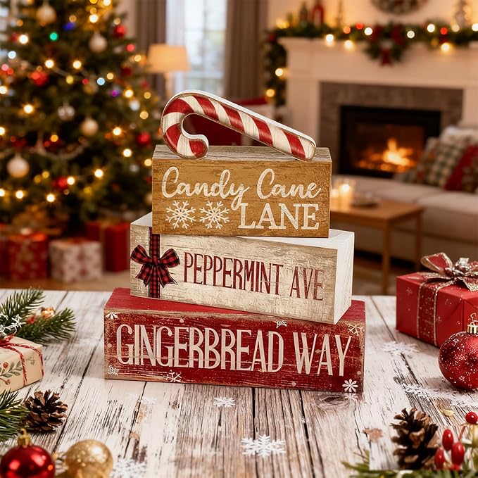 4 Pcs Christmas Table Decor Wooden Candy Cane Decoration Christmas Centerpiece Winter Tiered Tray Decor Red and White Stripes Candy Cane Block Signs Gift Farmhouse Xmas Decoration for Kitchen