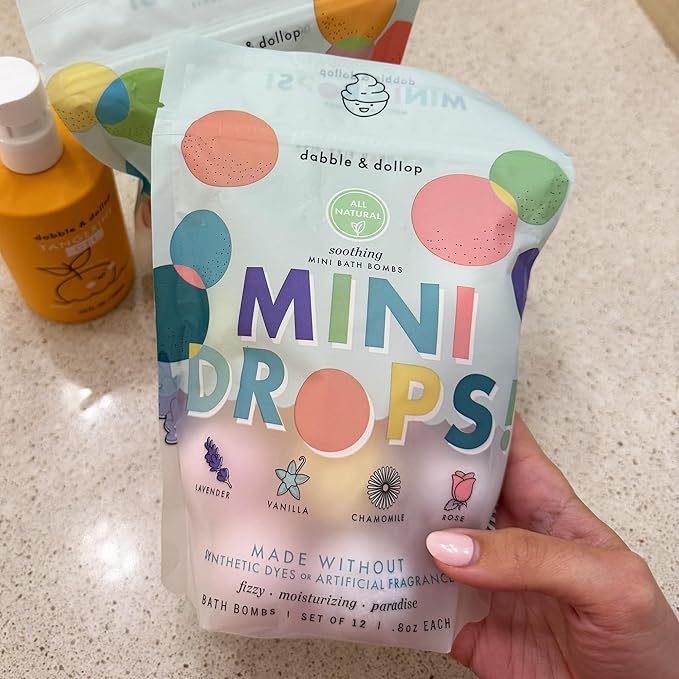 Dabble & Dollop Mini Bath Bombs, 100% Natural Droplets for Kids, Soothing Scents - Resealable Pouches, Fizzy, Moisturizing & Fun, Vegan, Gluten-Free, Cruelty-Free (Set of 24)