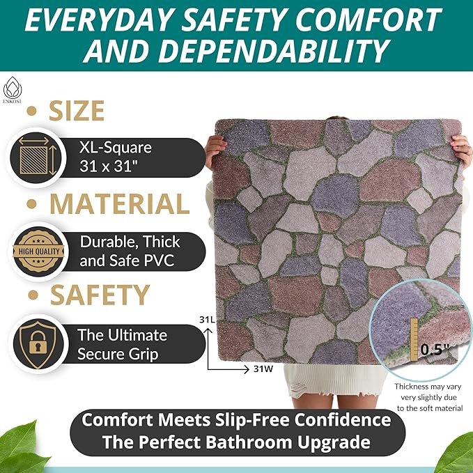 Square Shower Mat - Non Slip Shower Mats for Inside Shower - Extra Large 31x31 Shower Floor Mat Non Slip - Square Bath Mat for Shower - Secure Anti Slip Loofah Shower Bath Mat (31x31 Stone Path)
