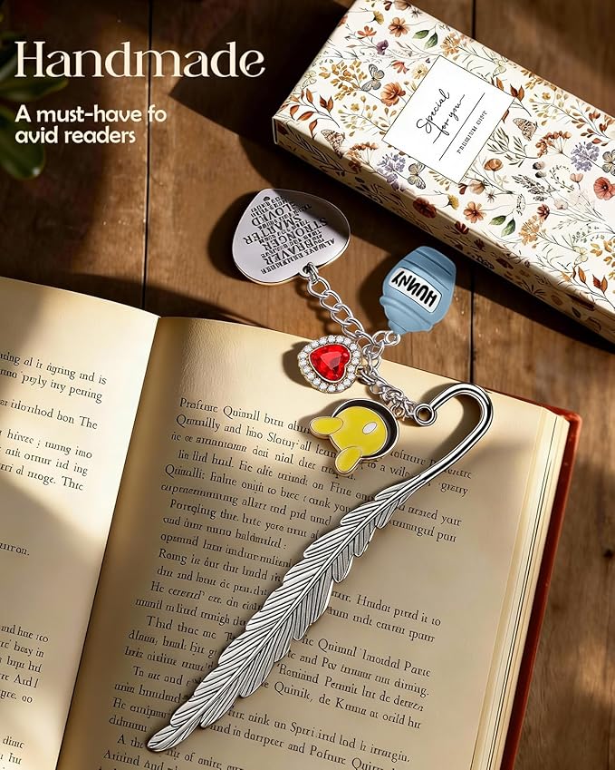 Buleens Bookmarks for Women Reading - Book Marks for Readers Book Lovers, Feather Motivational Quote Bear Personalized Metal Bookmark with Pendants, Pretty and Aesthetic Book Accessories Reading Gifts
