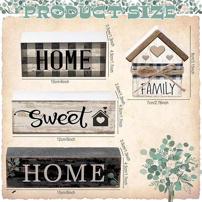 4 Pcs Farmhouse Wooden Tabletop Decor Sweet Home Tiered Tray Decor Rustic Retro Wood House Shaped Block Sign Housewarming Gifts Neutral Centerpiece Farmhouse Table Sign for Home Shelf Mantle