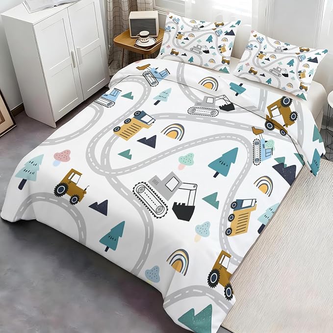 Cartoon Excavator Bulldozer Bedding Set Twin Size Construction Vehicles Duvet Cover Road Forest Comforter Cover Kids Engineerin Comforter Set with Zipper Ties for Bedroom