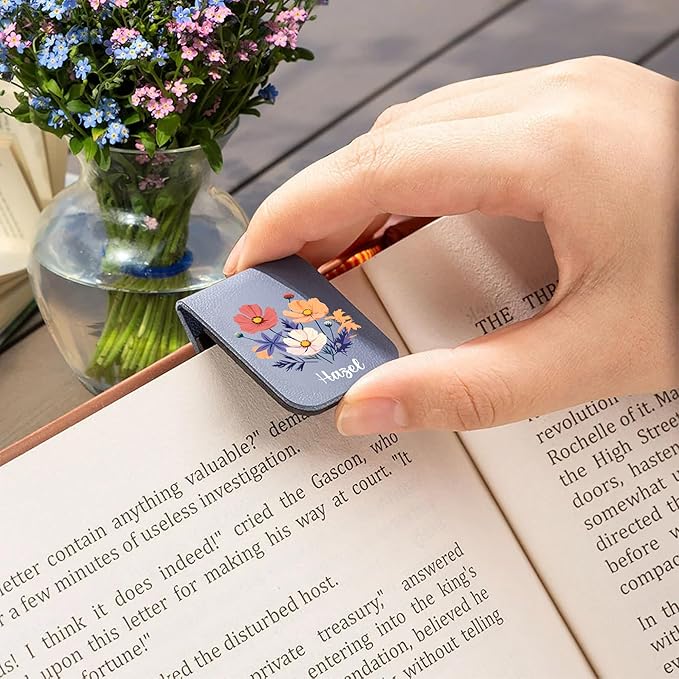 callie Personalized Magnet Bookmark Clips - Custom Birth Flower & Name, Leather Magnetic Book Page Marks for Reading, Gifts for Women Men Book Lovers