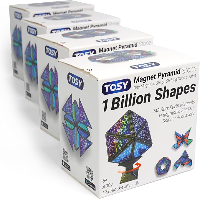TOSY Magnet Pyramid Stone - 1 Cube Transforms into 1 Billion Shapes, 14 pcs (12 Puzzle pcs and 2 Spinners), 243 Magnets, Christmas Stocking Stuffers Gift for Kids, Creative Puzzle STEM Toy, 4-Pack