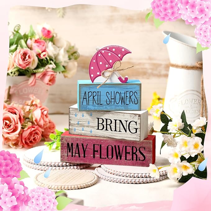 4 Pcs Spring Decorations for Home Wooden Umbrella Tiered Tray Decorations Spring Centerpieces for Tables Farmhouse Decorative Umbrella Faux Stack Block Sign for Home Shelf Decor