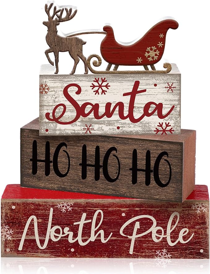 4 Pcs Reindeer Christmas Table Decor Wooden Reindeer Christmas Tiered Tray Decor Xmas Centerpiece Decorative Red Deer Pulled Sleigh Block Signs Gift Farmhouse Xmas Decoration for Home Kitchen