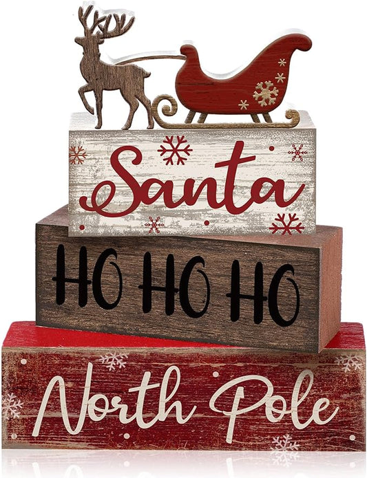 4 Pcs Reindeer Christmas Table Decor Wooden Reindeer Christmas Tiered Tray Decor Xmas Centerpiece Decorative Red Deer Pulled Sleigh Block Signs Gift Farmhouse Xmas Decoration for Home Kitchen