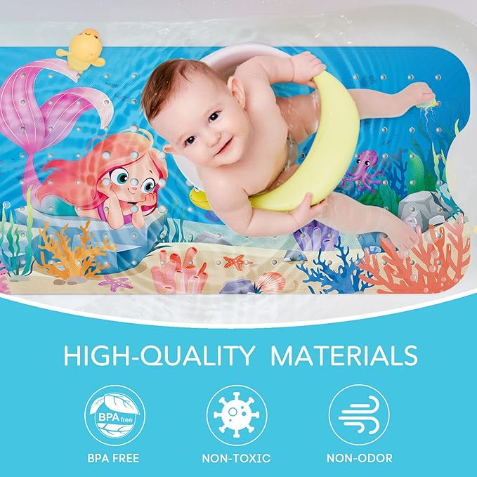 SHUCHING Mermaid Bath Mat for Tub Non Slip-40 X 16 Inch, Girl Bathtub Mat Non Slip, Long Toddler Baby Kids Shower Mat for Bathroom