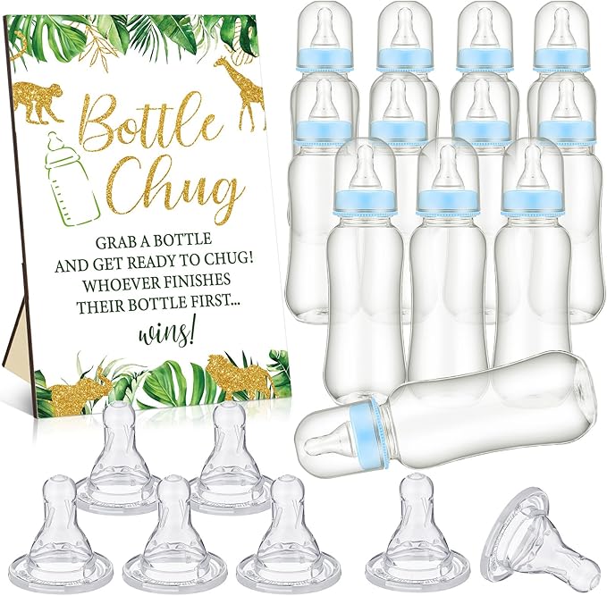 TrelaCo Safari Cool Baby Shower Games Bottle Chug Sign Wooden Jungle Animals Theme Gift Sets Gender Reveal Party Supplies and 12 Pcs Baby Bottle Shower Favor for Games Gender Reveal