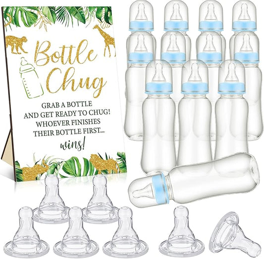 TrelaCo Safari Cool Baby Shower Games Bottle Chug Sign Wooden Jungle Animals Theme Gift Sets Gender Reveal Party Supplies and 12 Pcs Baby Bottle Shower Favor for Games Gender Reveal
