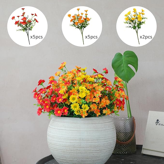 alyptus Faux Flowers Outdoor Artificial Flowers – 12 Bundles UV Resistant Artificial Outdoor Flowers for Spring Summer Christmas, Modern Farmhouse Decoration (Red 5, Orange 5, Yellow 2)