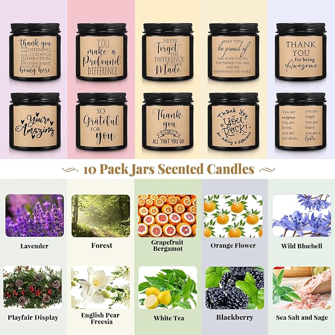 Roowest 10 Jars Thank You Gift Candles 3.5 oz Valentines Employee Appreciation Gifts Bulk Soy Wax Jar Inspirational Candle Thank You Coworkers Employee Women Secretaries Teacher(Black,Classic,Cute)