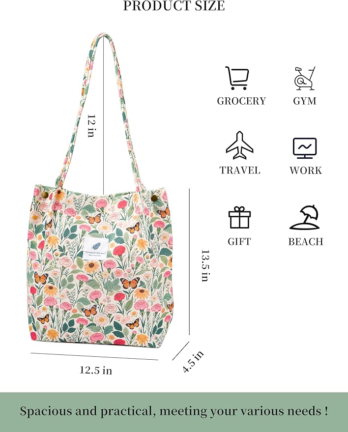 Corduroy Tote Bag Cute Tote Bags for Women Shoulder Bag with Inner Pocket for Work Beach Travel and Shopping Grocery