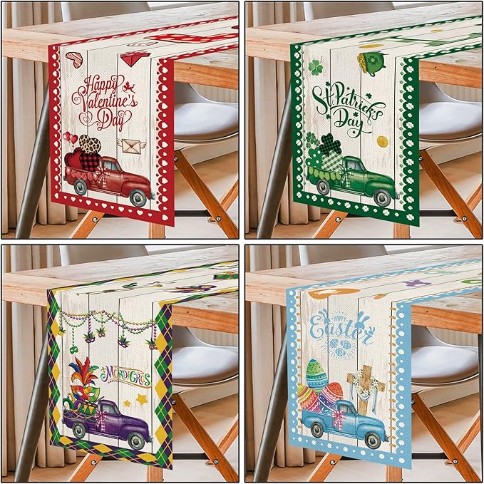 8 Pcs Truck Holiday Table Runner 72 Inches Long, Plaid Valentines Day St Patricks Day Mardi Gras Easter 4th of July Halloween Thanksgiving Day Christmas Burlap Table Decor for Home Party