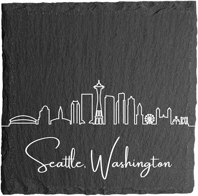 Blue Ridge Mountain Gifts - Seattle WA Skyline Coasters, Set of 4 - Seattle Washington Souvenir, Slate Coasters with Minimalist Skyline, Housewarming Gift for Friends, Family, & Neighbors
