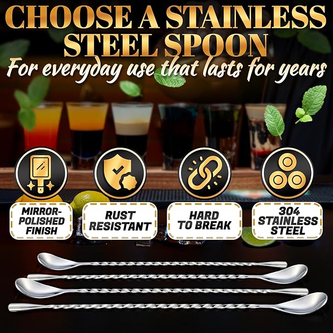 4 Pcs Bar Spoon Cocktail Mixing – 12'' Long Stainless Steel Cocktail Stirrers with Polished Surface, Great for Professional and Home Use, Practical Gift for Drink Mixing Lovers | Sugar Spoon