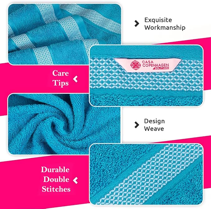 CASA COPENHAGEN Solitaire 6 Pieces Towel Set- Teal Blue, 600 GSM 2 Bath Towel 2 Hand Towel 2 Washcloth, Designed in Denmark Made of Soft Egyptian Cotton for Bathroom, Kitchen & Shower