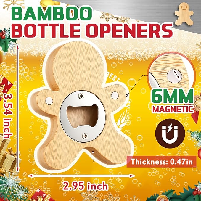 Vesici 12 Pcs Magnetic Bottle Opener 2.5in DIY Bamboo Gingerbread Man Shape Beer Openers Wooden Fridge Magnet Refrigerator Sticker Gift for Beer Lover Wedding Guest Kitchens Bars Parties