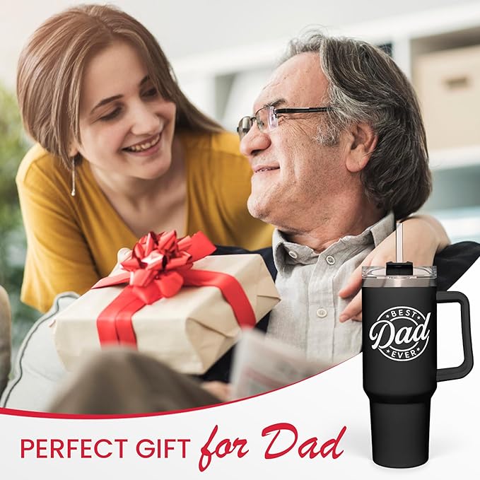 SANDJEST Best Dad Ever Tumbler with Handle - 40oz Stainless Steel Insulated - Dad Gifts for Daughter & Son - Coffee Tumbler for Father's Day, Birthday, Christmas - Cup Gift Set with Lid & Straw