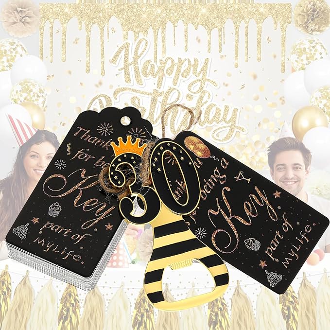 24pcs 30th Gold Keychain Bottle Opener 30th Birthday Party Favors, Keychain Beer Bottle Opener Favors 30 Anniversary Souvenirs Return Gifts for Guests Party Decor Supplies (black 30)