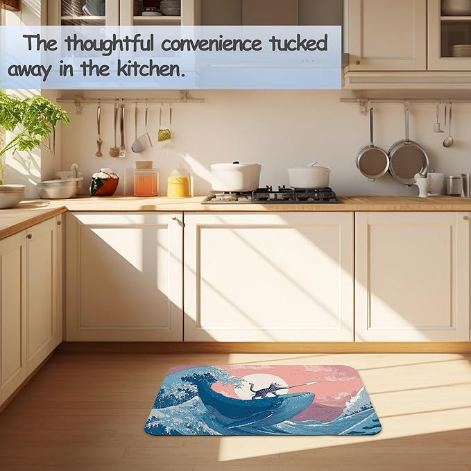 Japanese Cat Bathroom Rug 29.5"x17", Waves Bath Mat with Non-Slip Rubber Backing, Quick-Drying Absorbent Thin Floor Mat for Bathroom, Shower, Sink, or Kitchen