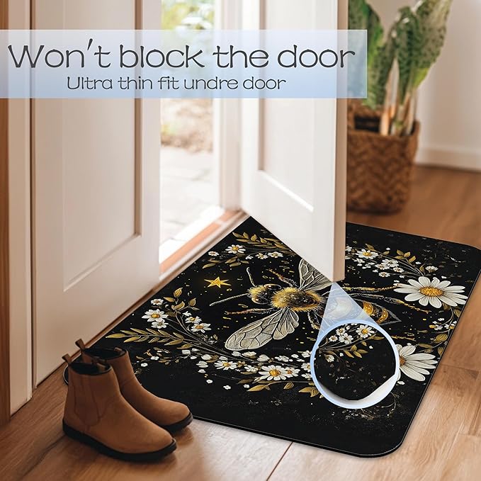 Vintage Bee Flowers Bathroom Rug 29.5"x17", Super Absorbent Fast Drying Bath Mat with Non-Slip Rubber Backing, Thin Low-Profile Easy-Clean Bathroom Floor Mat for Shower or Tub