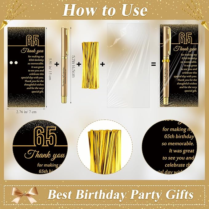 50 Set 65th Birthday Party Favor for Guest Anniversary Party Favor with Black and Gold Ballpoint Pens and Thank You Cards for Women Men Birthday Anniversary Appreciation Gifts