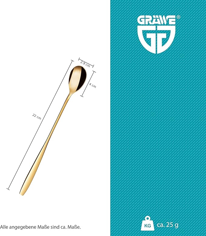 GRÄWE Macchiato Ice Cream Spoon and Latte Stainless Steel Long Spoon Ideal for Coffee, Desserts and Ice Tea, Dishwasher Safe, Gold