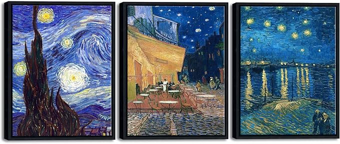 Wieco Art Framed 3 Panels Canvas Prints of Vincent Van Gogh Paintings Reproduction Starry Night Over the Rhone Cafe Terrace at Night Canvas Wall Art for Home Office Decor