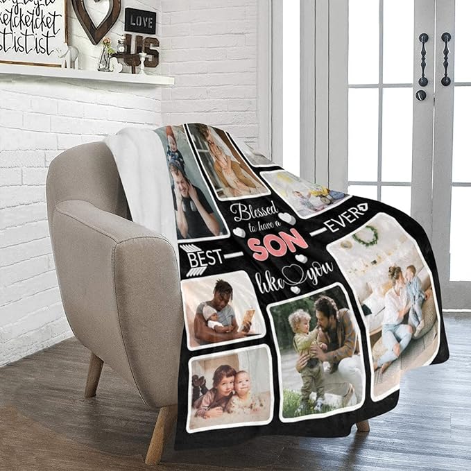 Custom Blanket Gifts for Son, Customized Blankets with Photos, Make a Personalized Bed Throws to My Son, Custom Souvenir Throw Blanket for Best Son Ever, 8 Collages Made in USA