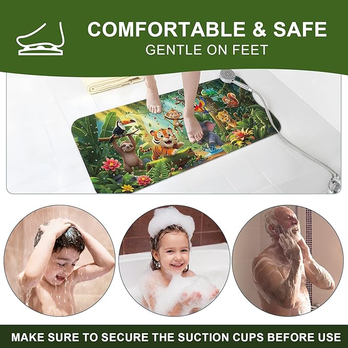 XIYUNTE Upgrade Baby Bath Mat Non Slip - 40"x16" Extra Long Kids Bath Mat for Tub Non Slip Bathtub Mat Eco-Friendly Toddler Bath Mats with Suction Cups, Machine Washable and No Fading, Animal Forest