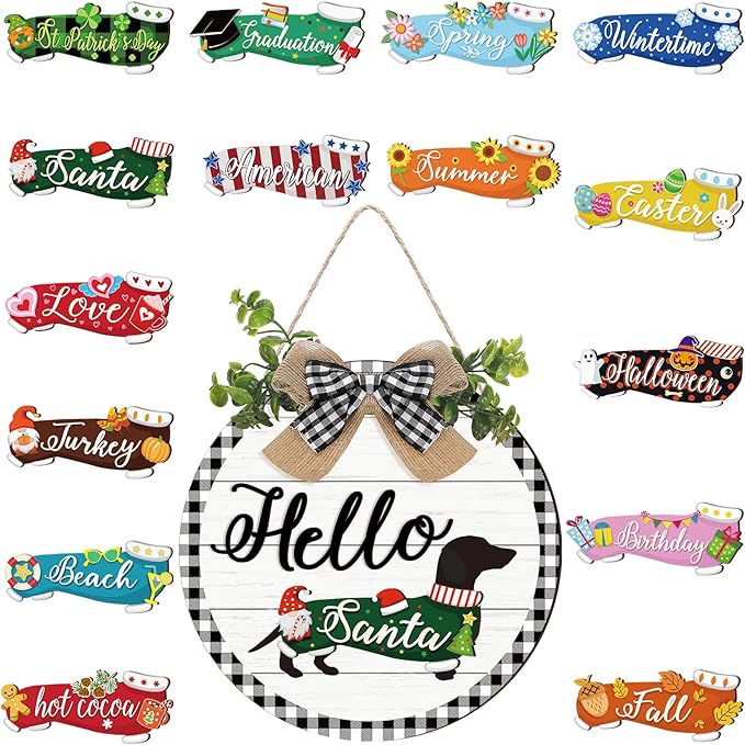 Glenmal 16 Pcs Seasonal Dachshund Door Decor for All Season and Holiday Hanging Cute Christmas Dachshund Welcome Sign Rustic Wooden Farmhouse Front Door Signs Outdoor(White with Plaid Frame)