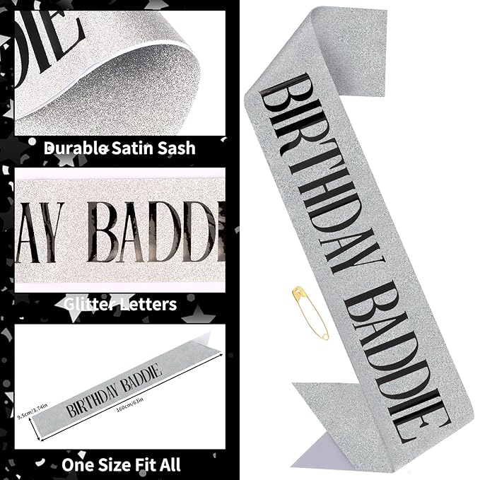 Canitor Birthday Baddie Sash Crown Set Birthday Party Favors Supplies Decorations & Accessories for Women Girl Men Adult Rhinestone Tiara Headband Soft Satin Sash