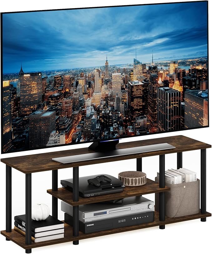 Furinno Turn-N-Tube No Tools 3D 3-Tier Entertainment Stand up to 50 inch TV, Amber Pine/Black