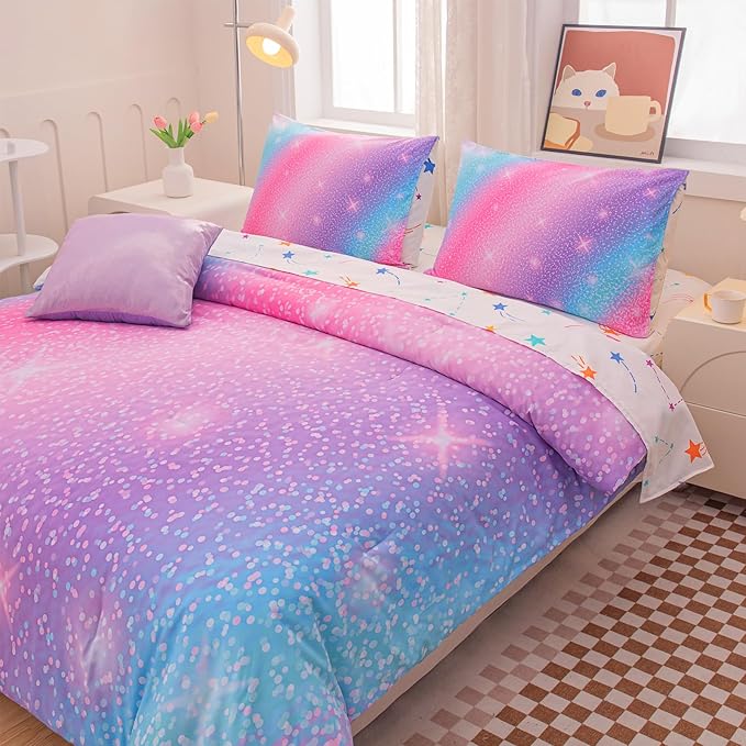 Rainbow Bedding Set Queen Size – 6-Piece Reversible Girls Comforter with Deep-Pocket Sheet, Gradient Galaxy Design, Whole-Piece Filling, Machine Washable Bed-in-a-Bag for Kids Room Makeover & Gifts