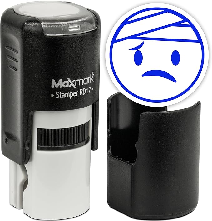 MaxMark Round Self Inking Emoji Stamp - Sick - Blue Ink