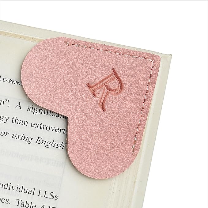 MOTEERLLU Personalized Leather Heart Bookmark with Initial, Cute Letters Custom Corner Book Mark for Reading Women, Teacher, Student, Book Lovers Gifts, Book Accessories (Pink, R)
