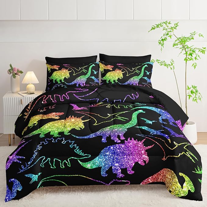 Rainbow Dinosaur Comforter Set (7 Piece) - Kids Bedding Black Dinosaur Duvet Set for Boys Girls Teens, Quilt Bed Set with 2 Pillow Shams, Flat Sheet & Fitted Sheet (Queen) - Room Decor Gifts