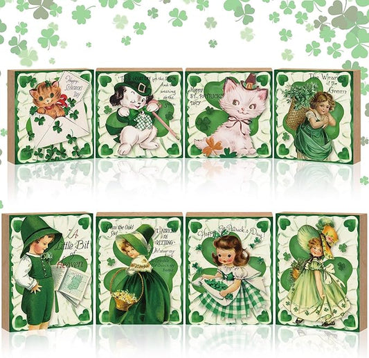 Wenqik 8 Pcs Vintage St. Patrick's Day Decorations Happy St Patrick Table Centerpieces Wooden Retro Table Ornaments St. Patrick's Day Tiered Tray Decor for Irish Home Tabletop Party Supplies, 8 Styles