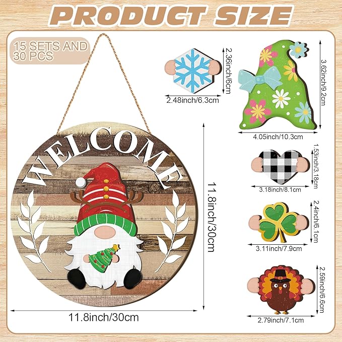 Qunclay Interchangeable Wooden Gnome Decor Holiday Seasonal Gnome Decorations with Magnet Pieces and Detachable Hats Changeable Welcome Sign for Home (Farmouse)