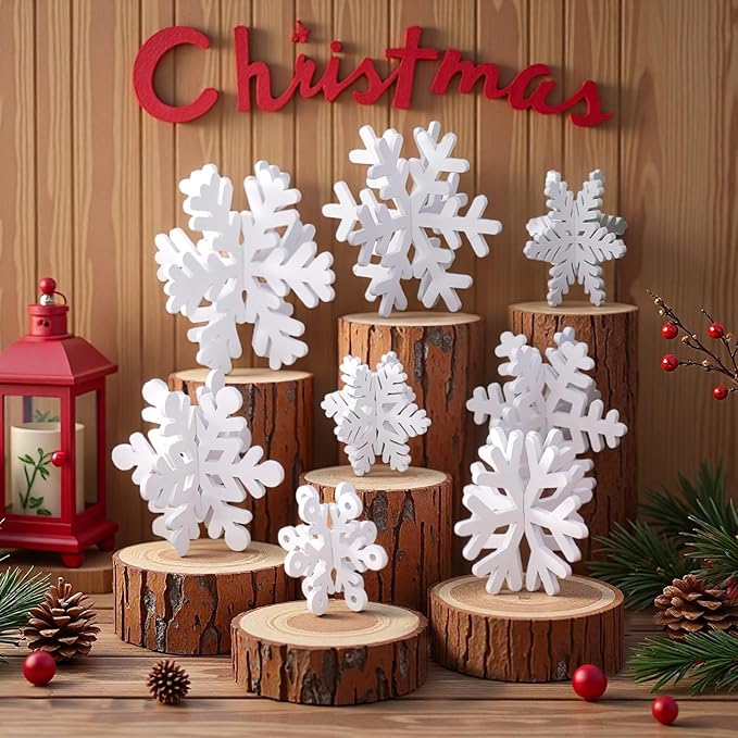 16 Pcs Wooden Snowflake Decorations, 3D White Snowflake Christmas Table Decor, Winter Christmas Table Decorations Indoor, Winter Wonderland Decor for Home Party